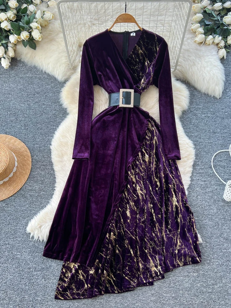 Ele Velvet Dr V-Ne Sparkling Patchwork Asymmetrical Belt High Waist A-Line Skirt Long Sve Ci Commute Suitable