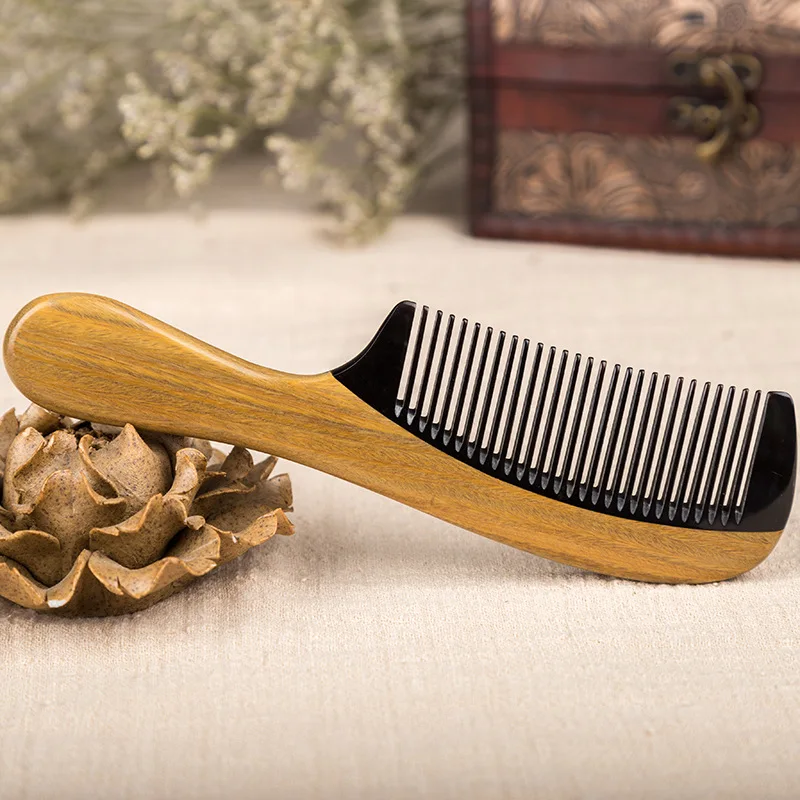 Pet Comb, Natural Green Sandalwood And Ox Horn Combination Of Different Materials, For Home Use, Hair Styling, Engraved Designs