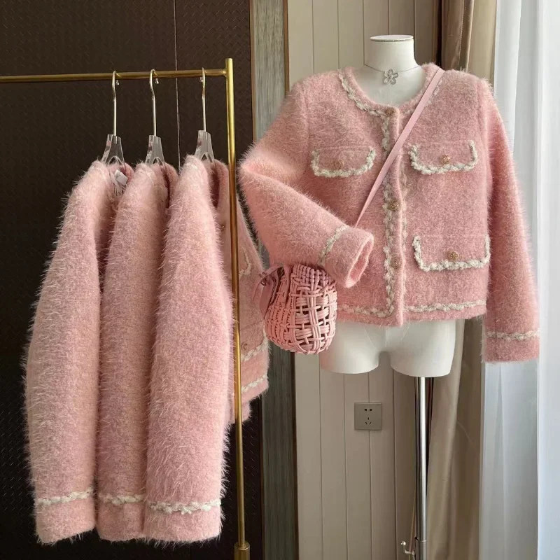 

Pink Small Fragrant Sweet Woolen Short Coat Female French O Neck Autumn Winter Warm Korea Fashion Warm Cute Women Jacket 1782