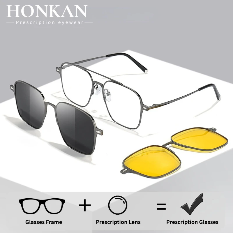 

HONKAN Metal 3 In 1 Magnetic Clip On Presciption Glasses Frame Trend Polarized Sunglasses For Men lentes ópticos con receta