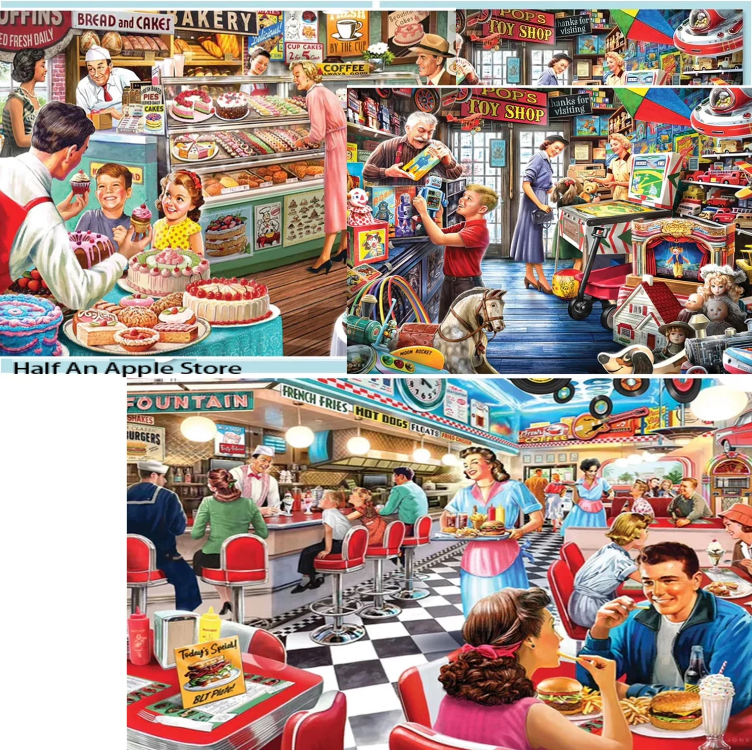 

1000 элементов пазлов для взрослых: Американские сцены 1950-х годов, развивающие игры, красочные пазлы, подарки, декор для дома