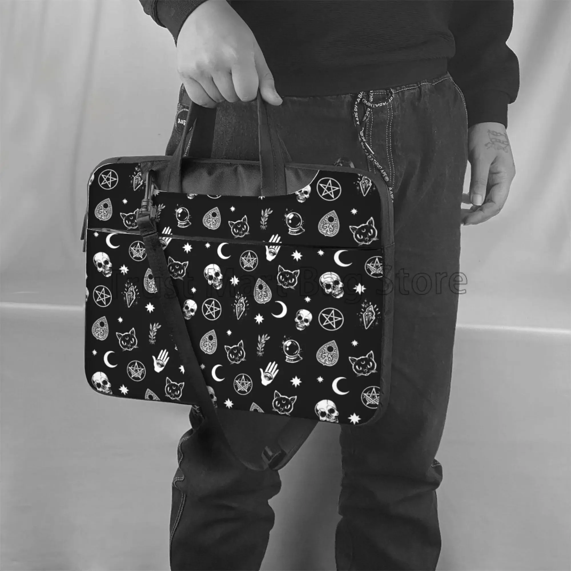 أسود الساحرة الجمجمة القمر العرافة حقيبة كتف للكمبيوتر المحمول كمبيوتر محمول ماك بوك نتبووك غطاء الكمبيوتر الحقيبة مع مقبض يناسب 13/14/15.6 بوصة