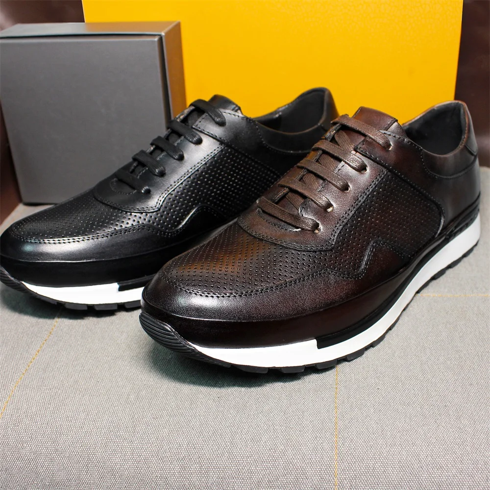 Genuine Leather Casual Men's Shoes Lace-up Comfortable Non-slip Sole Brogue Sneakers Wedding Date Dance Office Leather Shoes