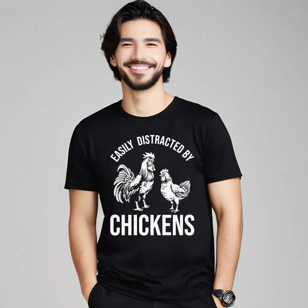 Easi y Distracted by Chickens Tshirts Casual Short Sleeve Classic Round Collar Cotton Tops Tees T-Shirt Boyfriend Summer