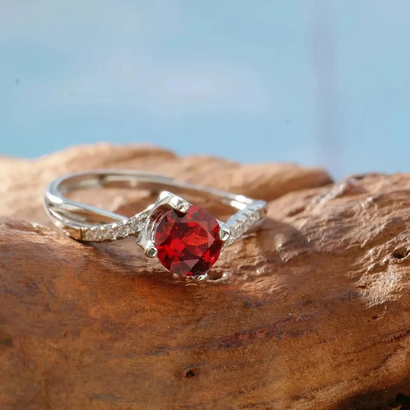 6.5mm Natural Garnet Ring Sterling 925 Silver Split Shank Adjustable Bands January Birthstone Statement Jewelry Wedding Gift