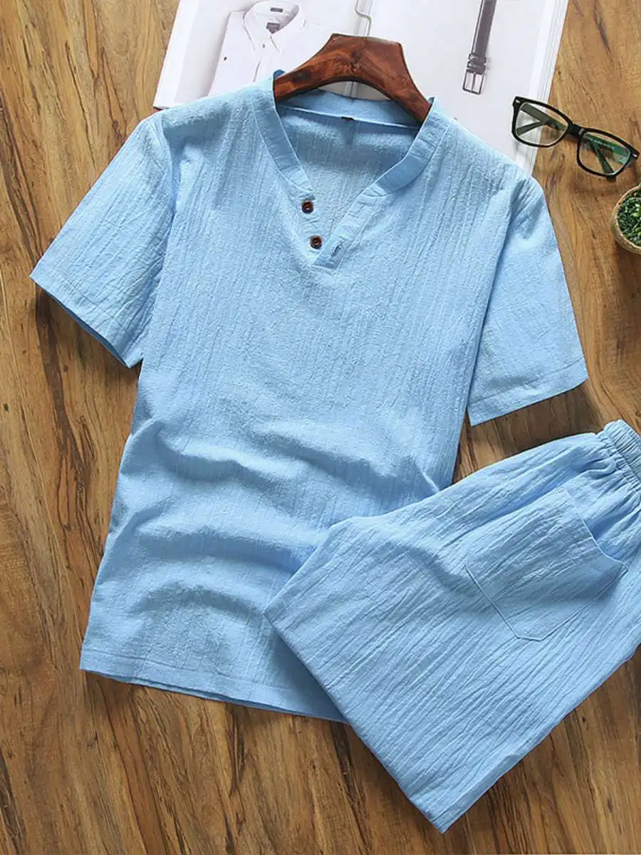

New Men's Cotton Linen ort Sve T-irt V-Ne Casual Faion Summer Set Two-Piece Pure Color 2024 Summer Collection