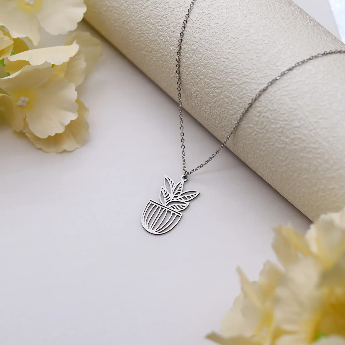 كينيتيال فريد بوعاء النبات قلادة قلادة المرأة مجوهرات من صلب لا يصدأ يترك القلائد الفتيات Collares اكسسوارات Mujer #3