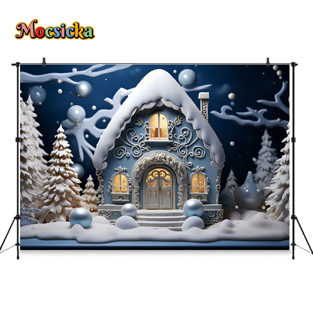 Winter Christmas Night Background Blue Fairy Tale House Snowy Decor Backdrop  for Studio Photography Children Photoshoot Props