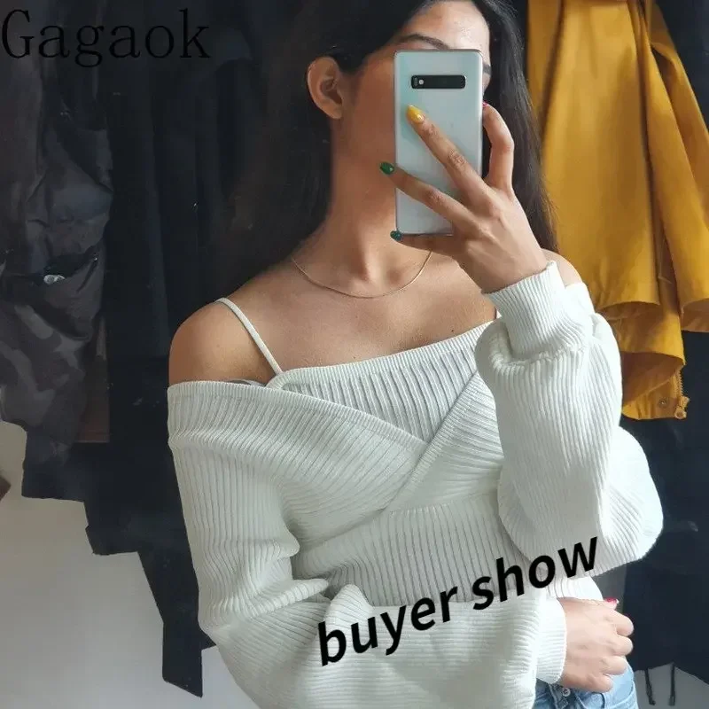 Gagaok Fake Two Sweater Women Top New V-Neck Full Sexy Knitted Sweaters Korean Short Chic Wild Fashion Pullovers