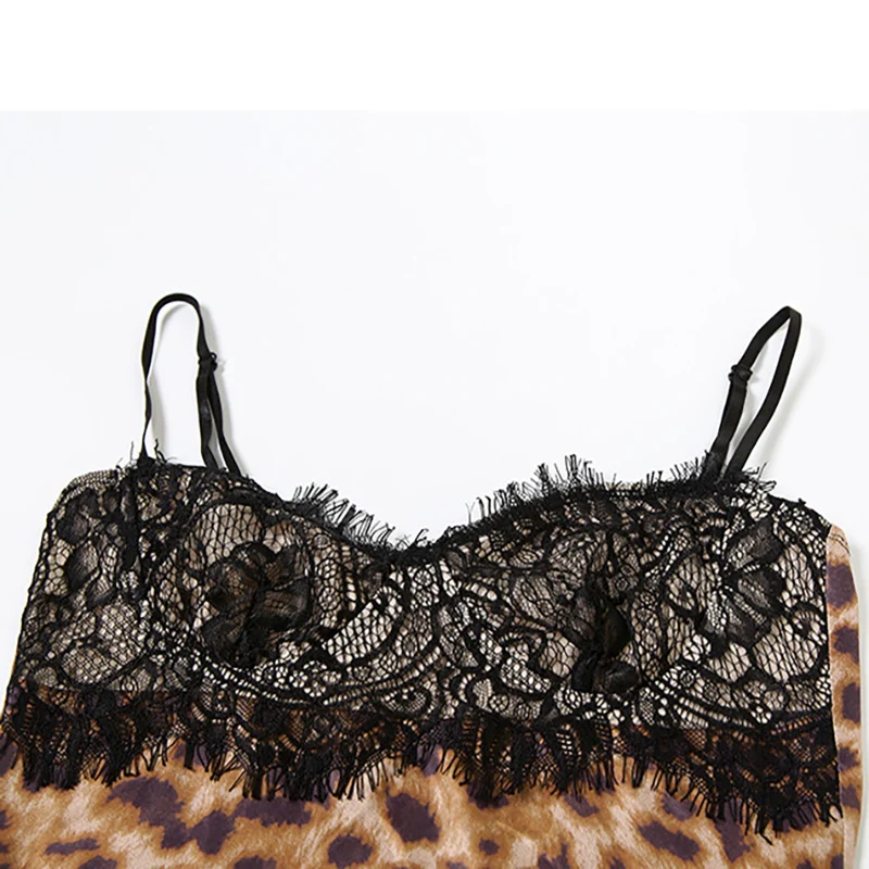 Leopard Printed Patchwork Dress Lace Trim Women Mini Skirt Sleeveless Backless Sexy Body-Con Party Club Dress Female Beach Gowns