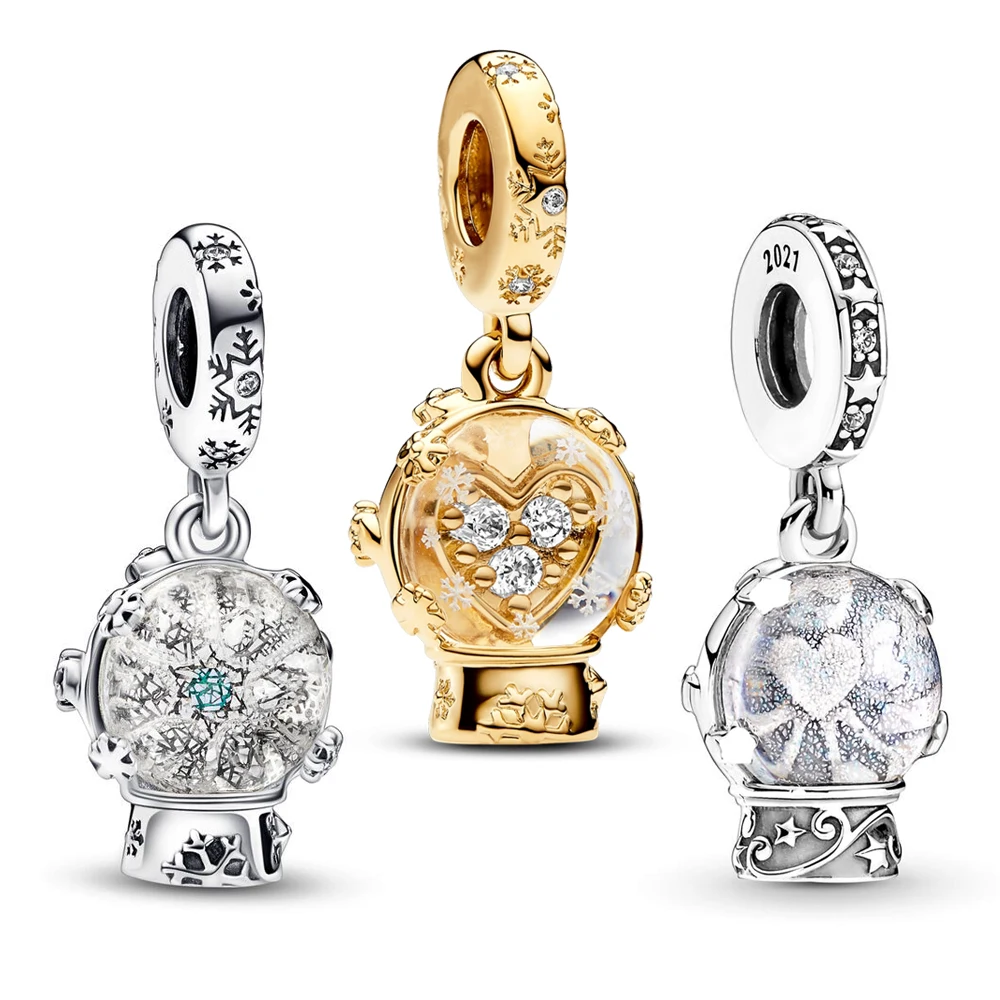 

Sparkling Heart Snowflake Snow Globe Dangle Charm Fit Pan Original Bracelet Necklace DIY Fashion Women Jewelry Christmas Gift
