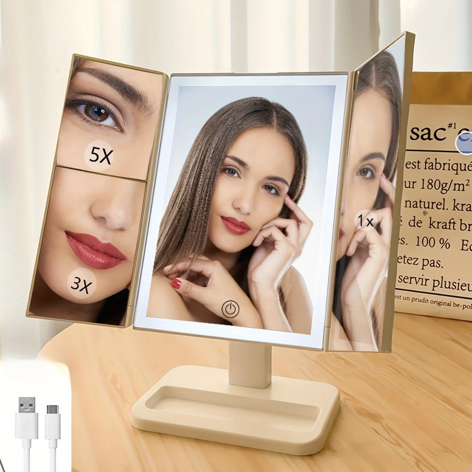 

Three-sided Foldable LED Makeup Mirror with Bright Lights for Makeup and Lighting in the Bedroom or Hotel - Desktop Vanity Mirro