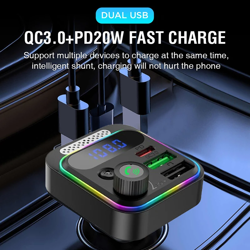 

Автомобильное зарядное устройство Type-C для телефона, быстрая зарядка, FM-передатчик с RGB-подсветкой для грузовых автомобилей, MP3-плеер, Bluetooth 5,3