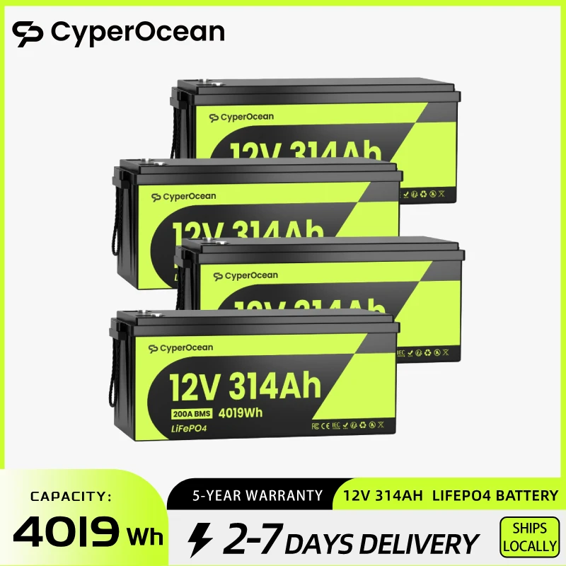 

CyperOcean 12V 300Ah(314Ah) LiFePO4 4Packs Lithium Battery A+ Cells 200A BMS For RV / Camper/Off-grid /Home Storage Backup Power