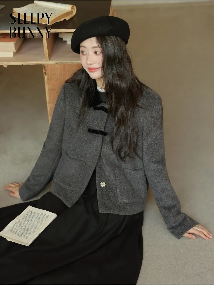 

Vintage Wool-like Short Coat Elegant Velvet Collar Jacket Retro Warm Winter Outerwear for Women Slimming Chic Casual Fashion Top