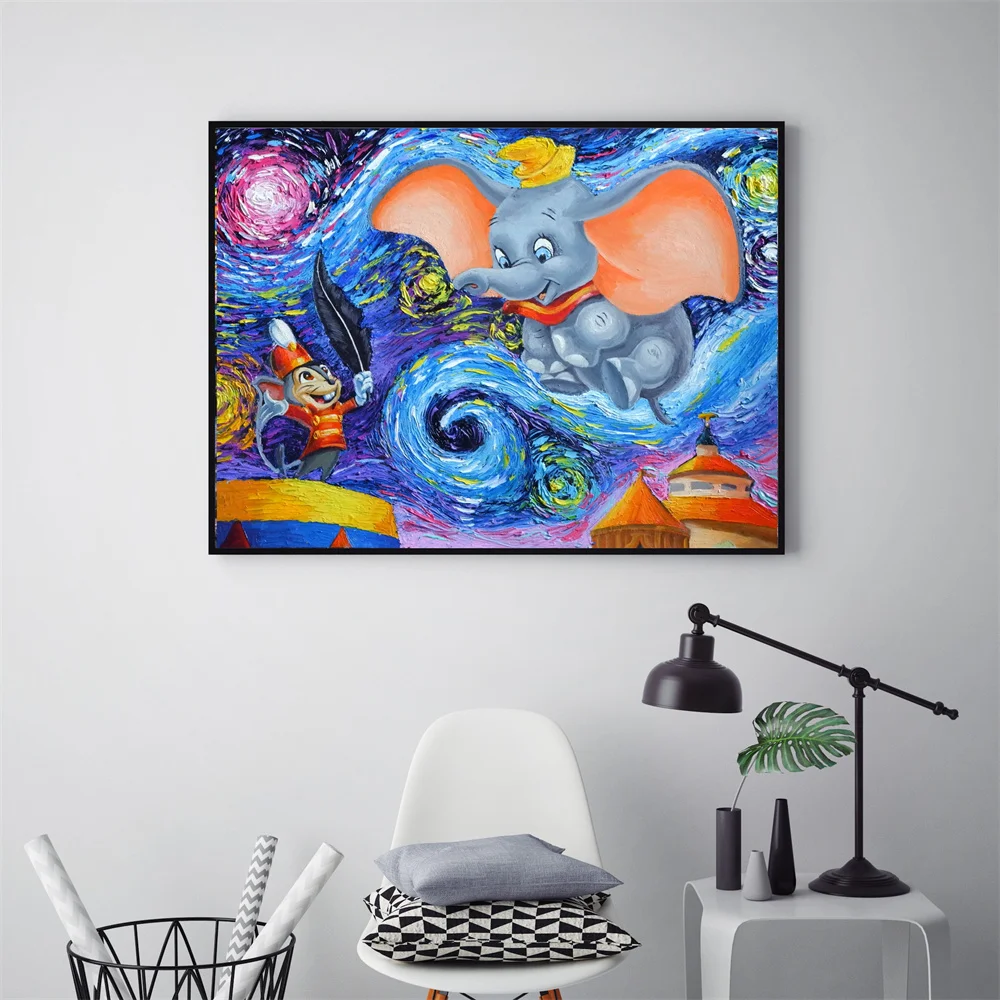 Modern Disney Elephant Poster Vincent Van Gogh Starry Night Inspired Canvas Painting Wall Art Print Nursery Home Wall Decor