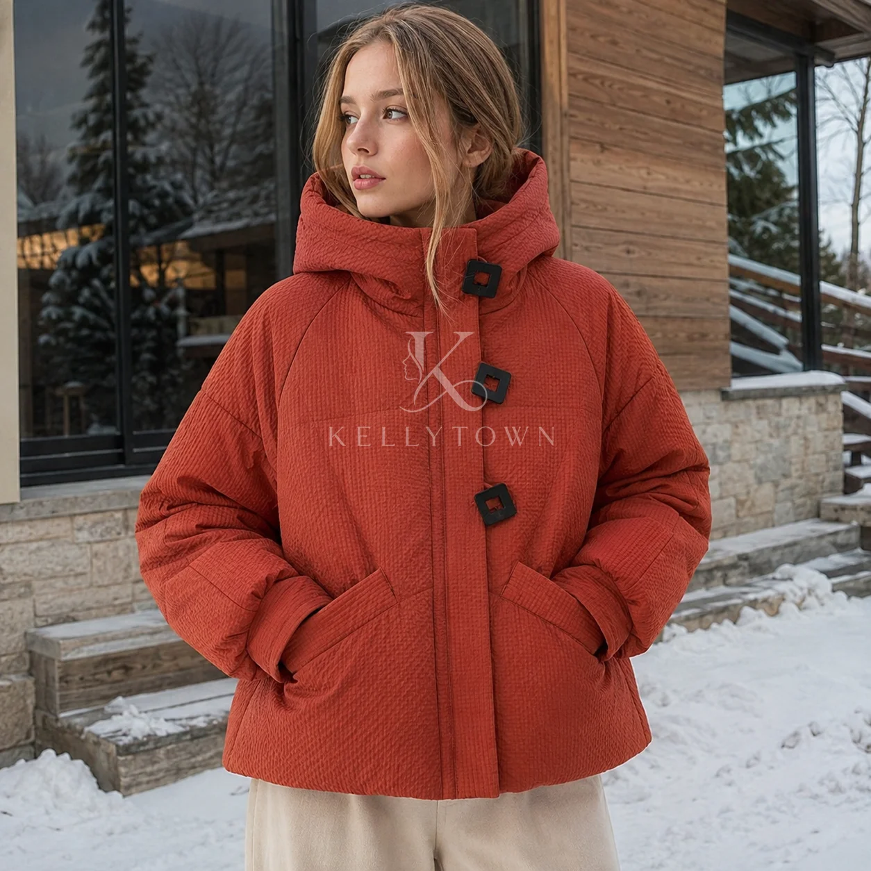 Fashion Stand Collar Hooded Puffer Jacket Women Toggle Button Quilted Winter Coat Parkas Hidden Zip Loose Warm Padded Outerwear