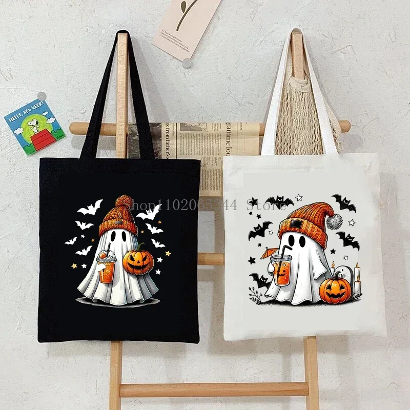 Women\'s Tote Bag Halloween Retro Ghost Coffee Pumpkin Print Canvas Cartoon Shopping Bags The Boo Horror Commuter Shoulder Bag