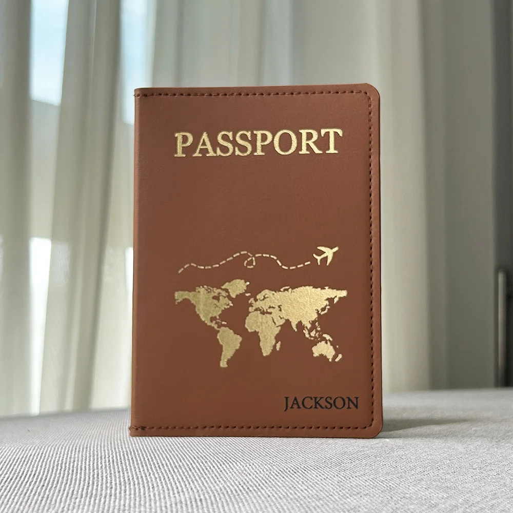 Nome de passaporte personalizado com padrão de mapa mundi, capa protetora para cartão de crédito de viagem, id e documento, porta-passaporte