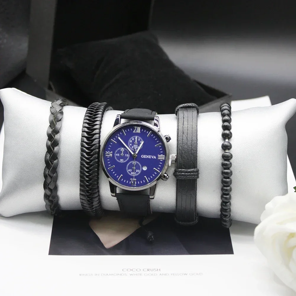 Часы наручные мужские кварцевые, набор из 5 предметов, простые и стильные, многофункциональные, с календарем и ремешком, с коробкой, для активного отдыха