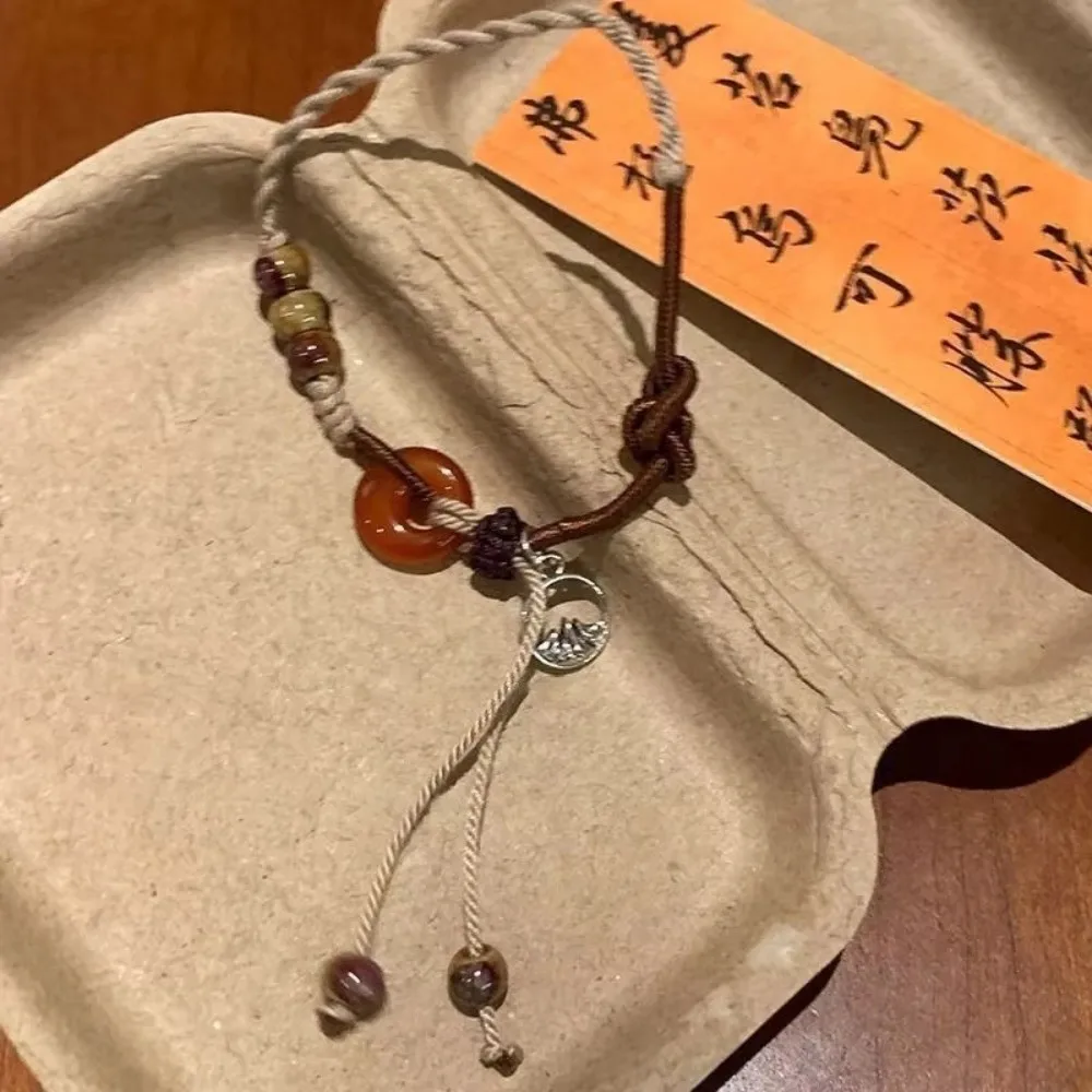 Chinese Style Woven Rope Bracelet Adjustable Handmade Women Bracelets Ethnic Style Amber Colored Coffee Peace Buckle Chain