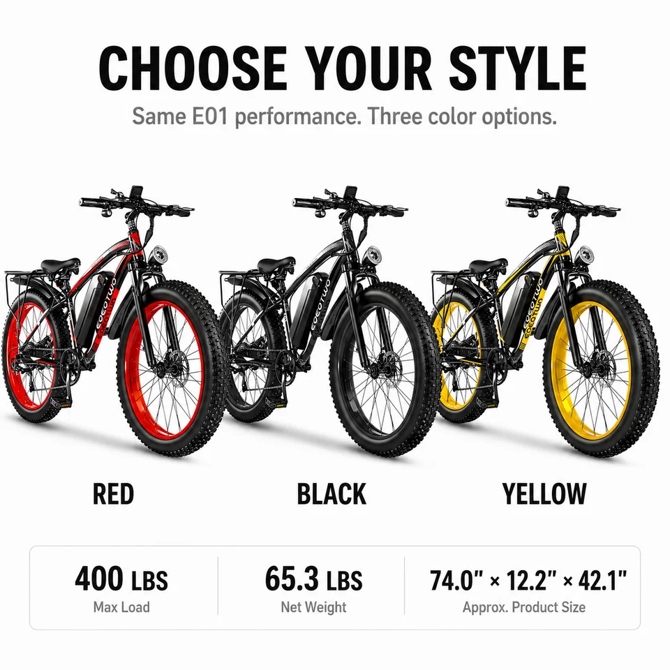 EOEOTWO 26" Fat Tire Electric Bike for Adults, 1000W Motor 1500W Peak, 48V 15Ah Battery, 34 MPH Max Speed, Up to 60 Miles Long Range image 13