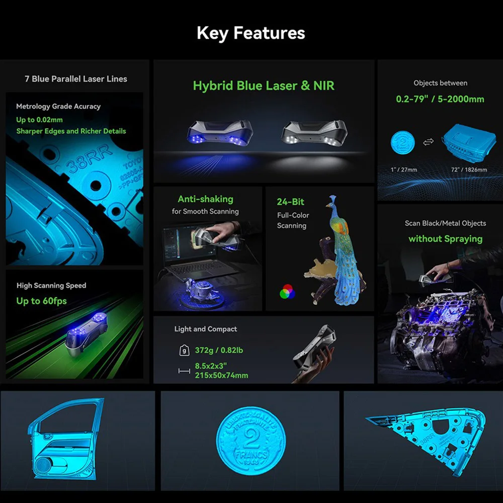Creality Raptor 3D Scanner, Hybrid 7 Parallel Blue Laser Lines & NIR 60fps Scanning Speed 24-bit Full-Color Scan 0.02mm Accuracy