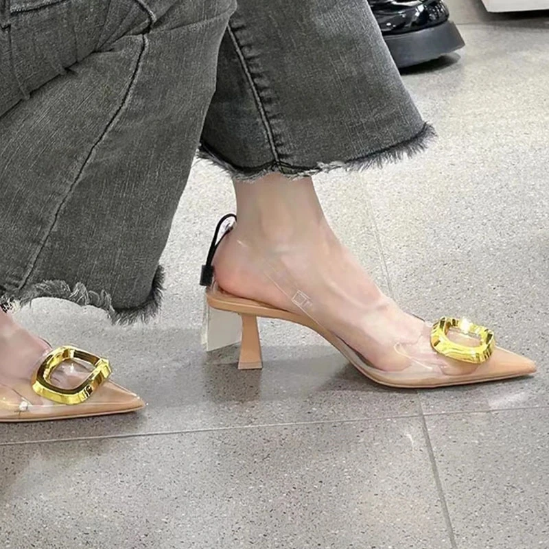 Metal Square Loop Kitten Heel Slingbacks New Women Transparent Upper Spike Heels Summer Chic Pumps Sandals Shoes For Woman