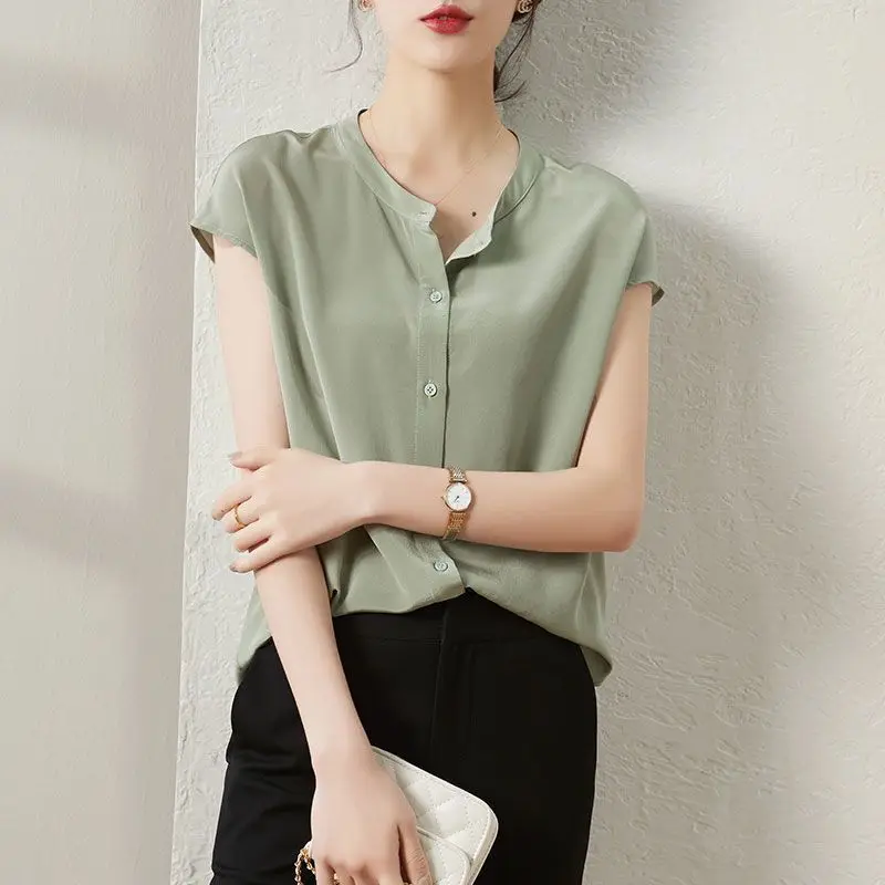 

Office Lady Button Simplicity Shirt Tops Short Sleeve Thin Solid Loose Elegant Blouse Summer New Fashion Vintage Women Clothing