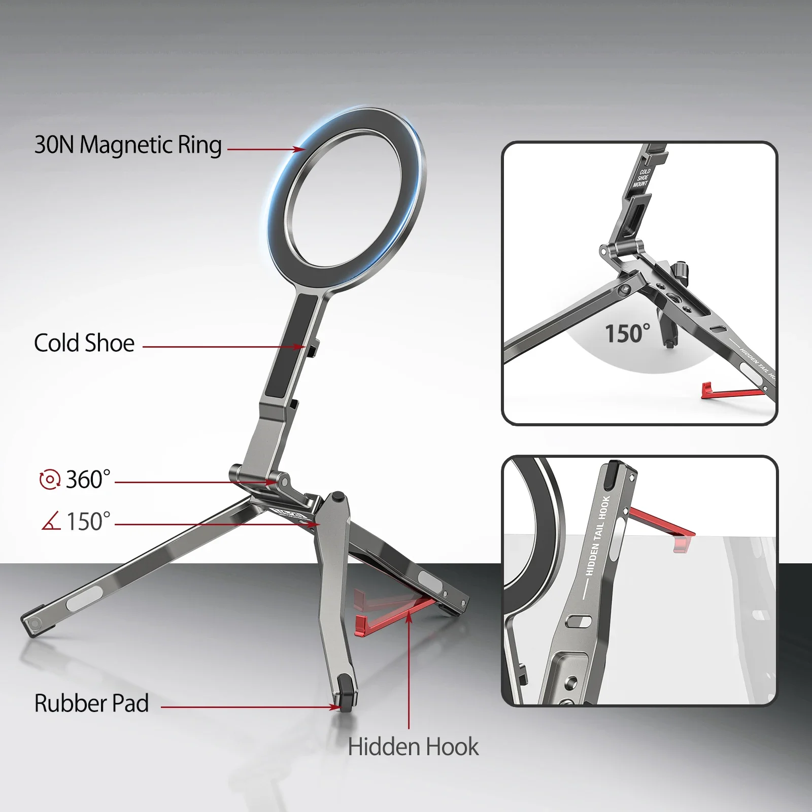 CAMOLO Magnetic Pocket Phone Tripod with Hook Foldable Magsafe Phone Holder with Cold Shoe for iPhone Android Tripod Phone Stand