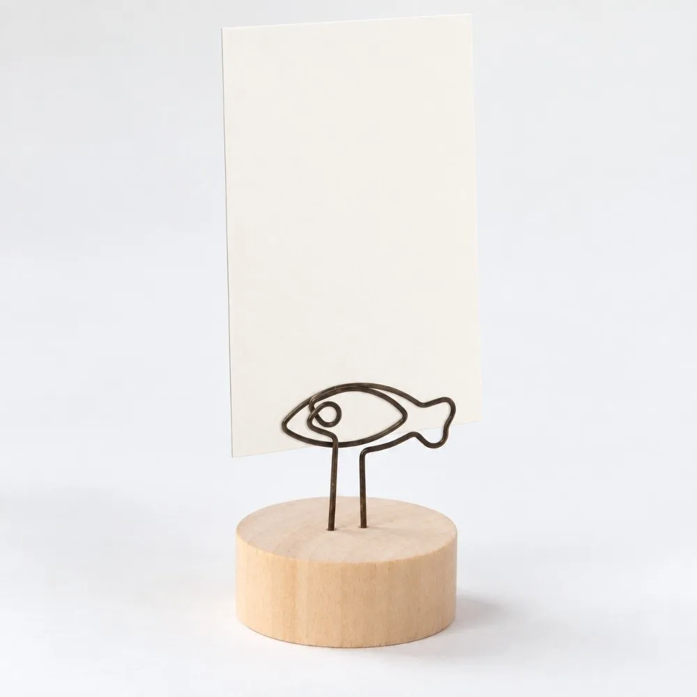 10PCS Wood Round Wood Clip Round Fish Shape Metal Clip Desktop Note Holder Antique Tone Solid Base Vintage Card Clip