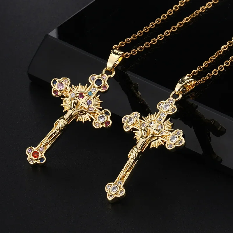 Fashion Gold Geometric Cross Pendant Necklace Colorful Inlay Zircon Necklace for Women Birthday Party Seaside Jewelry Gifts