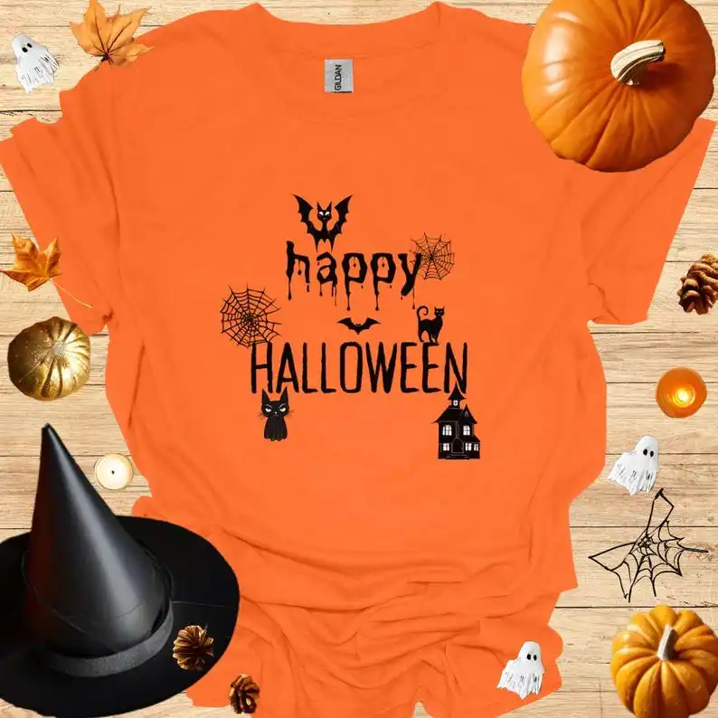 Vibrant Orange Happy Halloween T-Shirt | Unisex Spooky Orange Tee | Bold Halloween Graphic Shirt Trick or Treat! Cotton Shirts