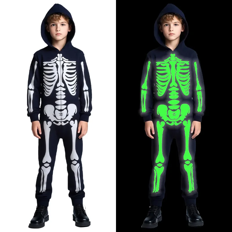 

Kids Halloween Skeleton Costume Set Glow In Dark Boys Girls Cosplay Onesie With Hood Children Funny Trick Or Treat Party Clothes