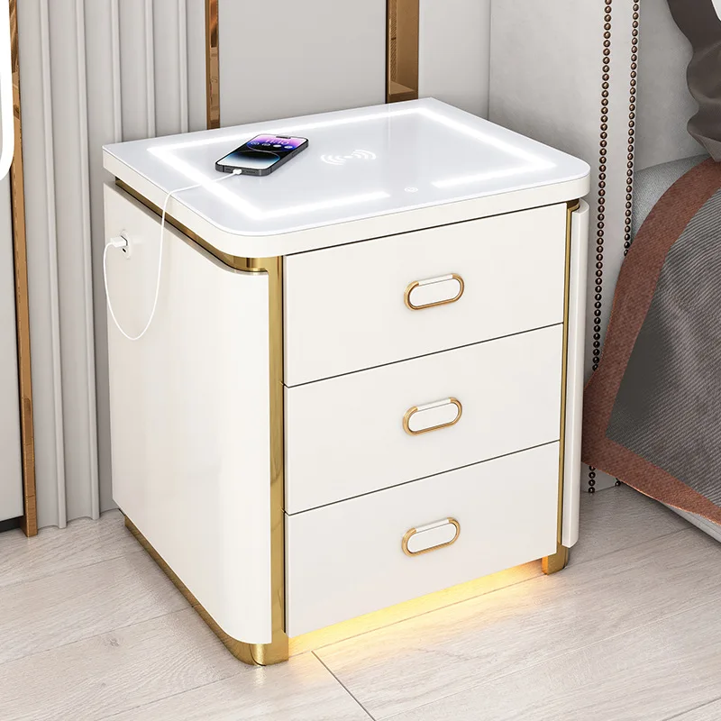 

Popular Luxury Modern Smart Bedroom Wireless Security White Custom Bedside Table 3 Drawer Bedroom Bedside Table