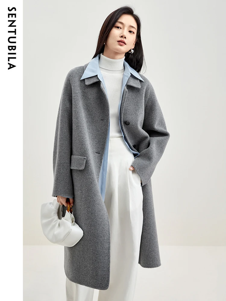 

SENTUBILA Winter 100% Wool Coat for Women 2024 Simple Comfortable Warm Lapel Double-faced Woolen Long Jacket Overcoat W34O49911