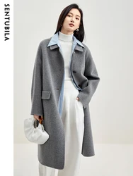 SENTUBILA Winter 100% Wool Coat for Women 2024 Simple Comfortable Warm Lapel Double-faced Woolen Long Jacket Overcoat W34O49911