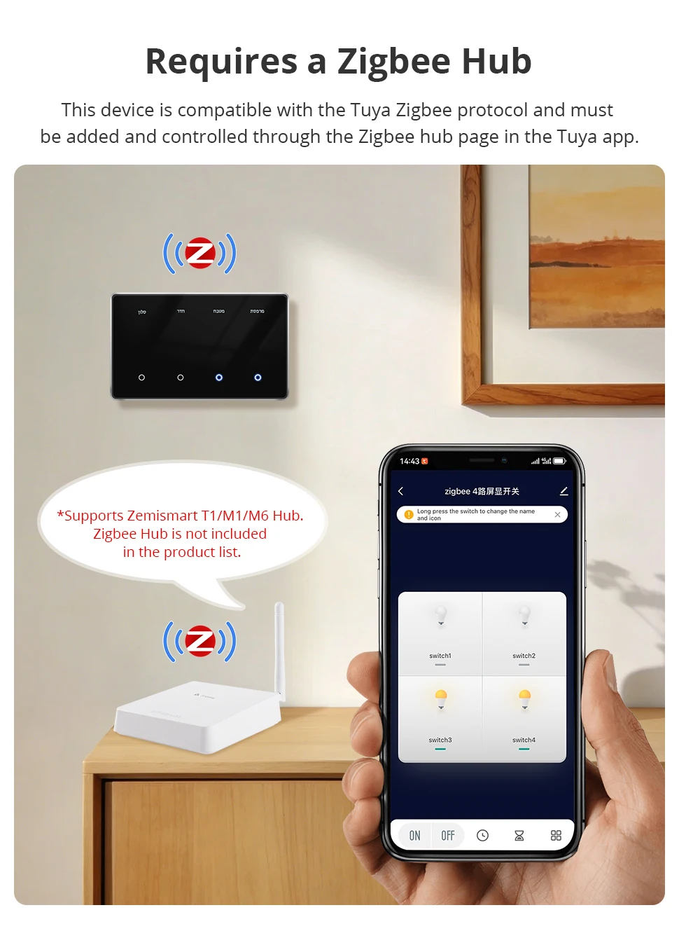 Zemismart US Schwarzer Zigbee DIY Namensschalter Horizontales Touch-Panel Smart Display Bildschirm Lichtschalter Kompatibel mit Tuya Smart Life App – Detail 3