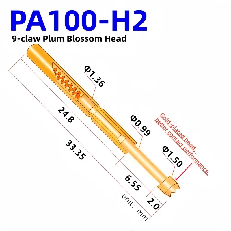 20/100PCS PA100-H2 33.35mm 9-claw Plum Blossom Head Test Pin Dia 1.50mm Needle Spring Test Probe P100-H2 Test Pogo Pin P100-H