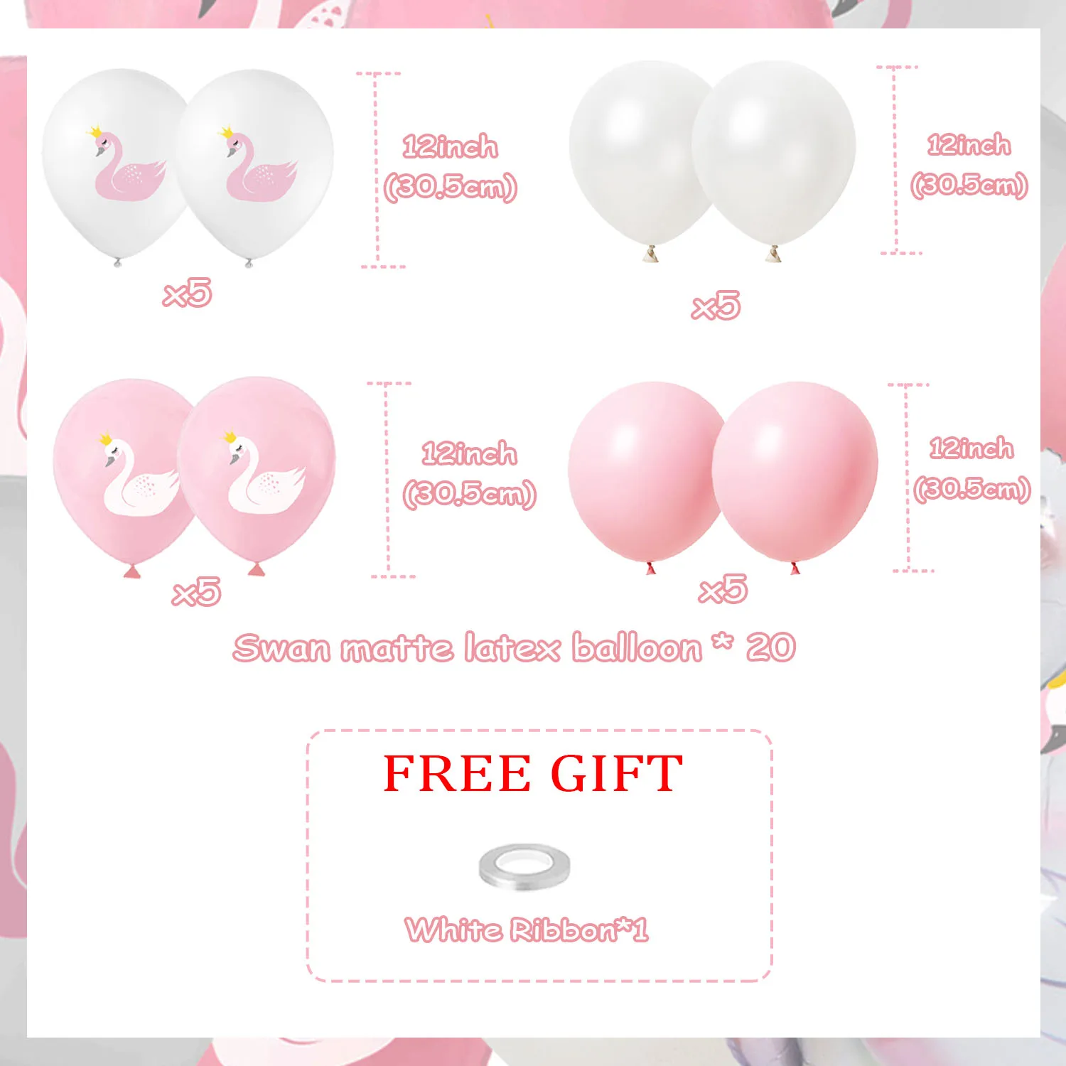 20PCS Swan Princess Balloon, Pink and White Swan Theme Latex Balloons for Wedding Birthday Girl Baby Shower Party Decoration