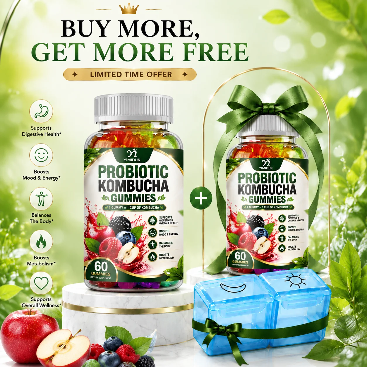 Probiotic Kombucha Gummies, with Postbiotics LactoSpore, Support Digestion, Increase Energy & Metabolic, for Daily Gut Balance