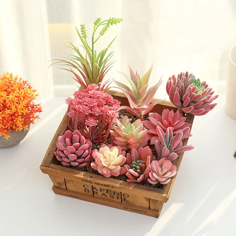 Mini Small Medium Large Red Flocked Artificial Succulents Plants Home Bedroom Living Room Desktop Decoration Fake Plants Bonsai