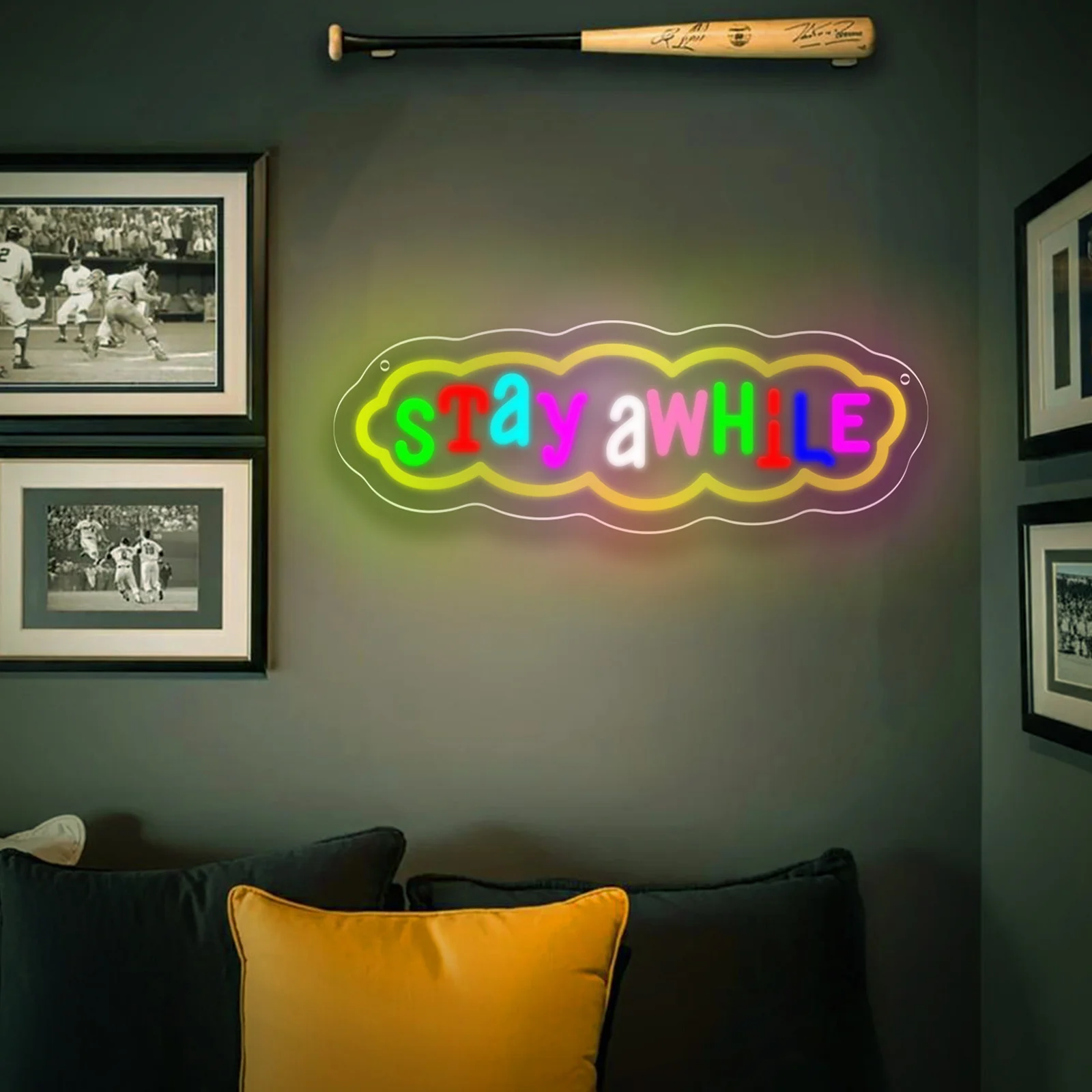 STAY AWHILE Neon Sign USB Power LED Neon Light for Bedroom Man Cave Game Room Party Store Cafe Library Wall Decor Festival Gift