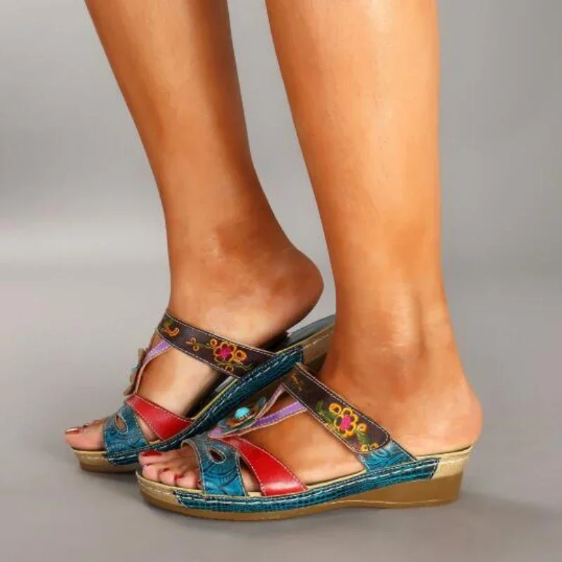 Ethnic Summer Shoes Women\'s Slippers Heeled Sandals for Women Retro Flower Roman Platform Shoes New Big Size Pantuflas De Mujer