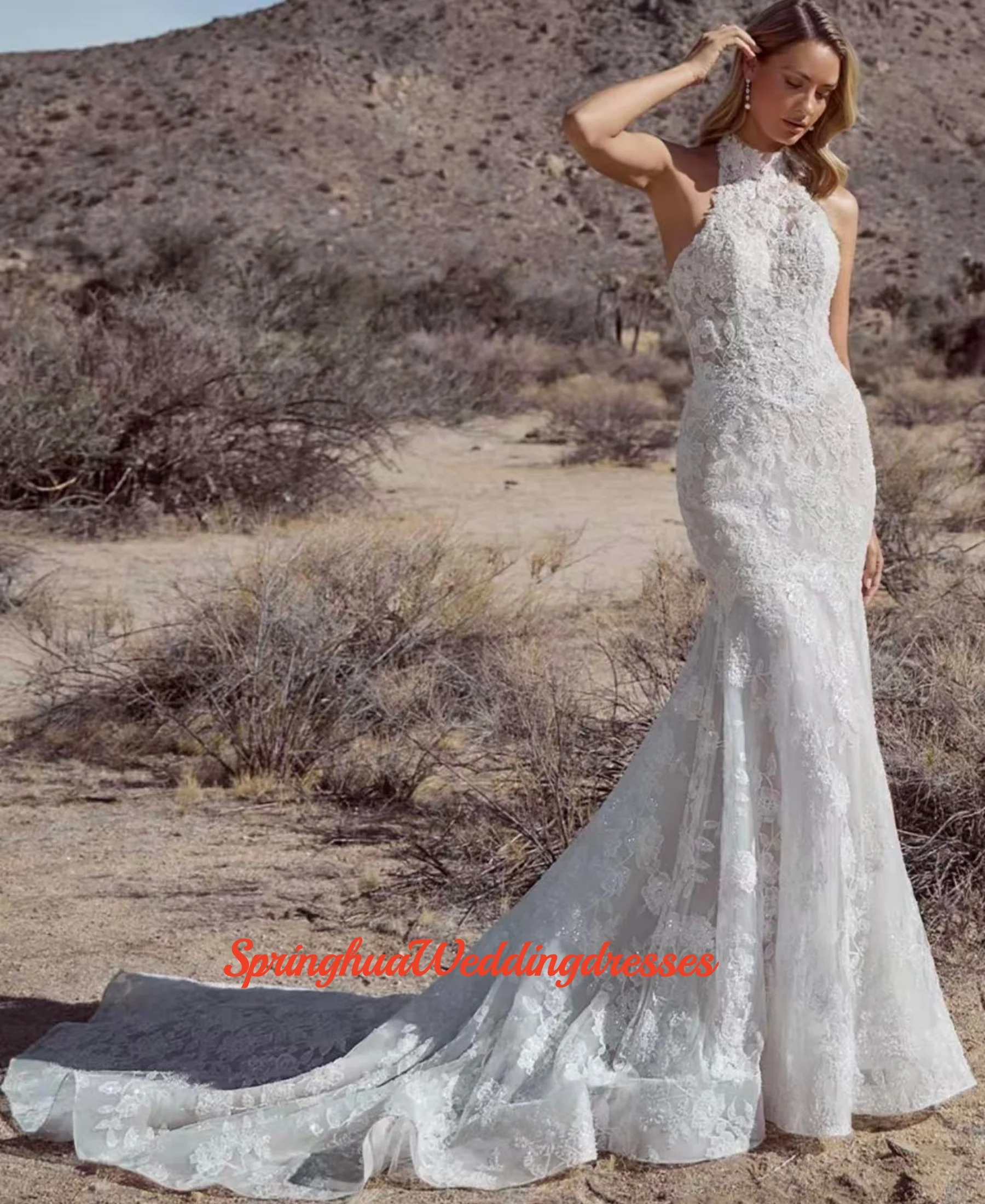

Customized Halter Neckline Sleeveless Lace Mermaid Wedding Dress Back Zipper Floor Length Cathedral Train Gown For Bride