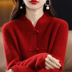 2025 autumn winter chinese retro style cheongsam button stand collar long sleeve knit sweater blouse chinese tang suit top s619