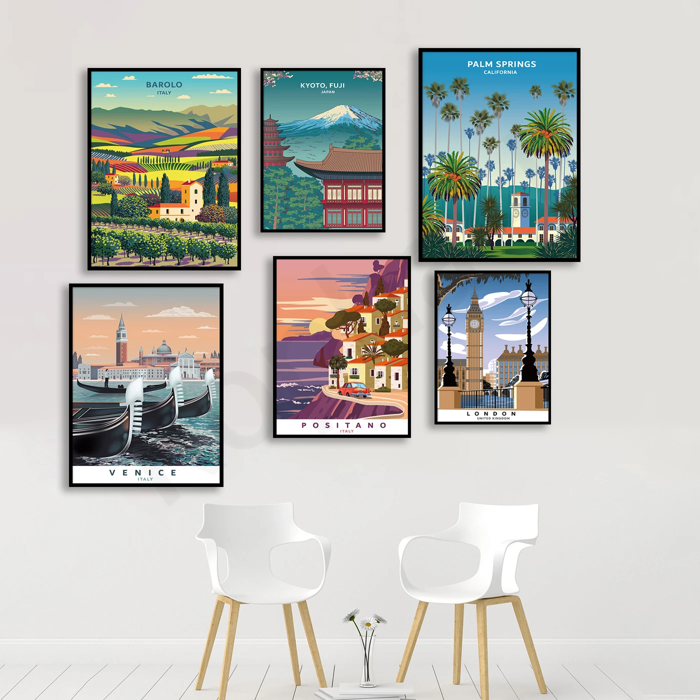 London Positano Venice Kyoto Palm Springs Barolo. City Arty Scenery Poster Gift. Home Wall Decor Art
