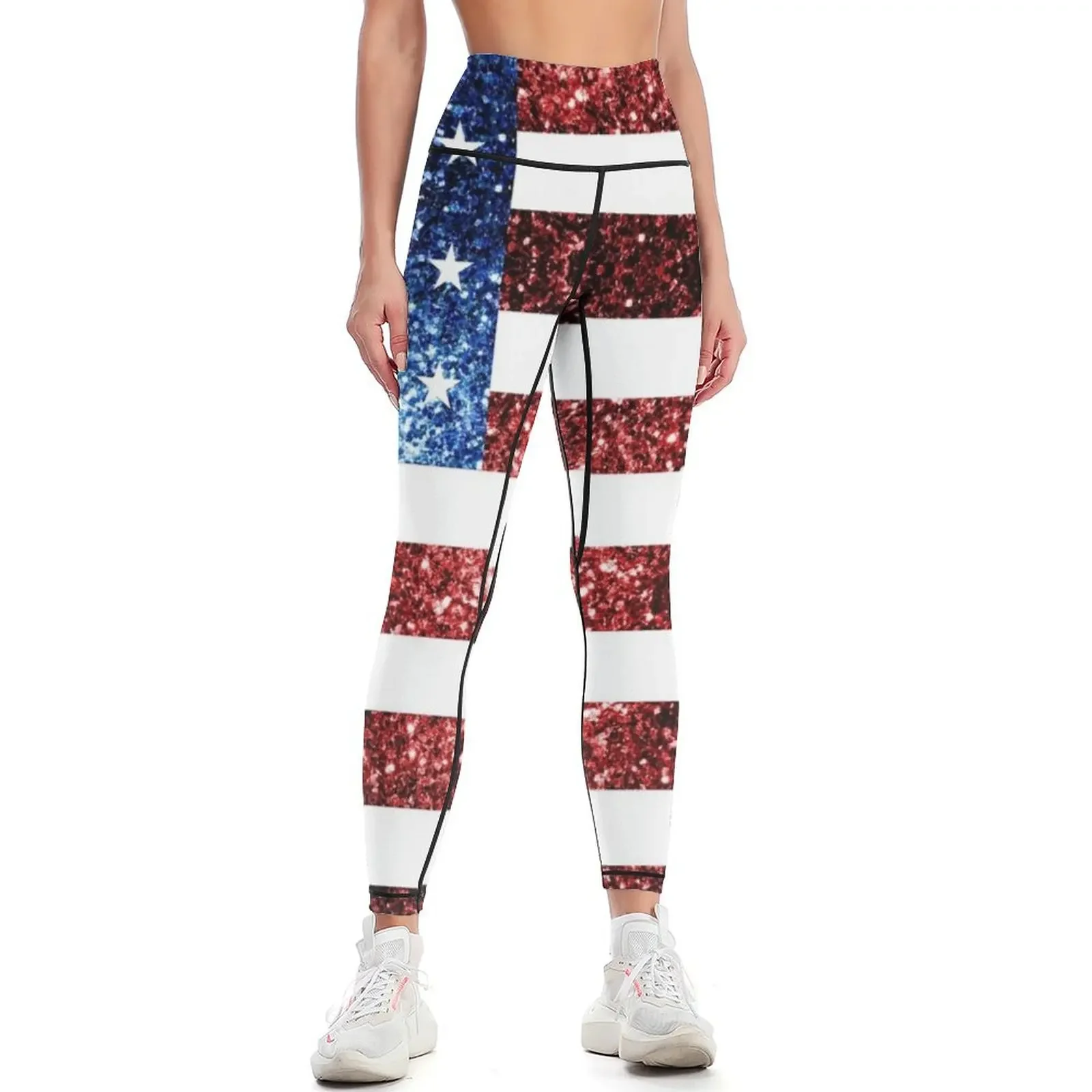 

USA flag red blue faux sparkles glitters Leggings fitness set gym gym womans Leginsy push up workout shorts Womens Leggings