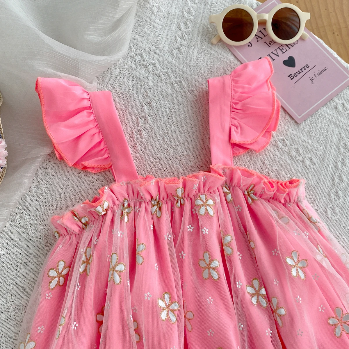 Girls Sweet Dresses Summer Daisy Mesh Suspender Strapless Flying Sleeve Dress Girl's Flowery Cute Kids Clothes