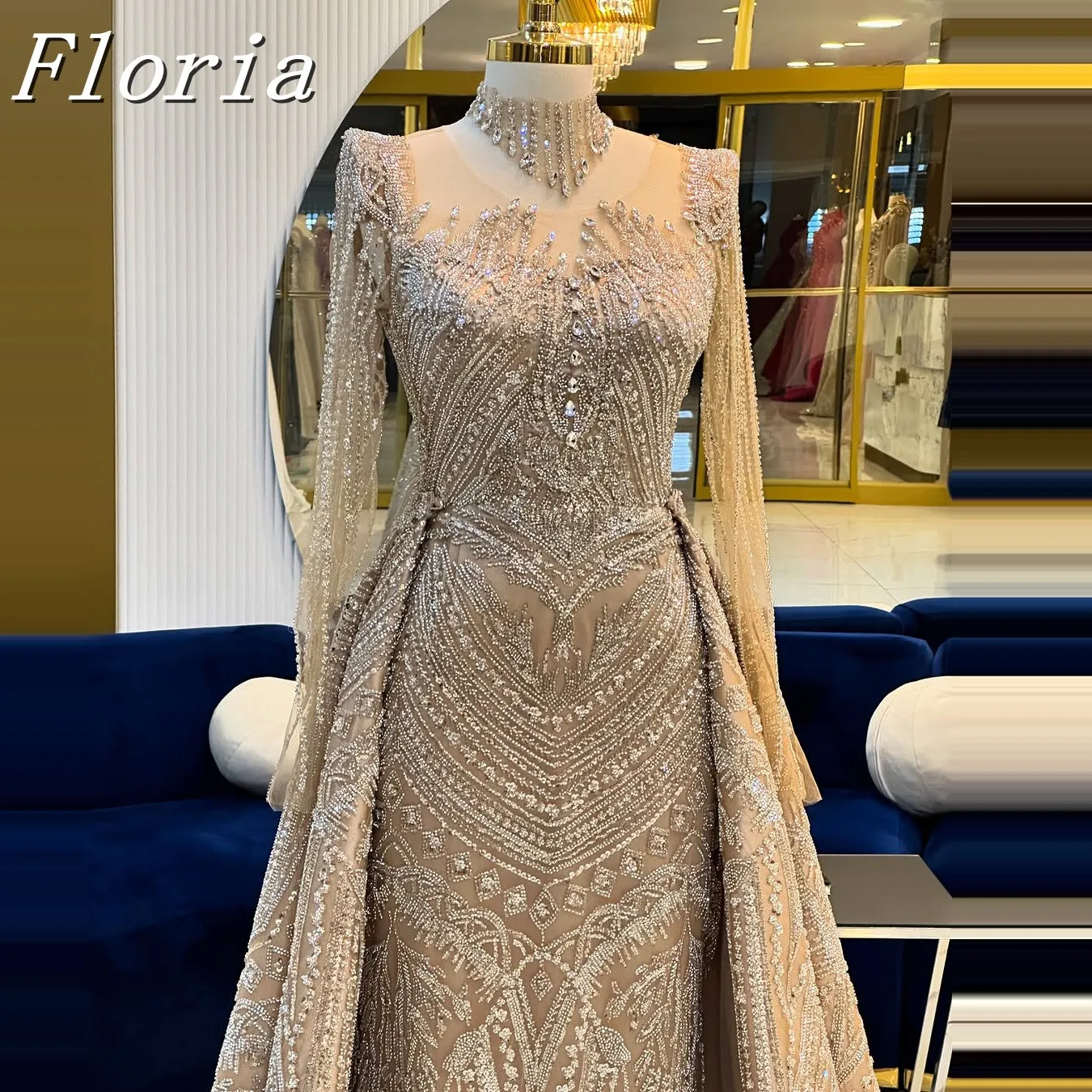 

Elegant Champagne Mermaid Formal Evening Party Dress With Detachable Overskirt High Neck Sequin Wedding Party Gown
